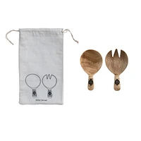 7" Mango Wood Salad Servers with Bamboo Wrapped Handles & Printed Drawstring Bag