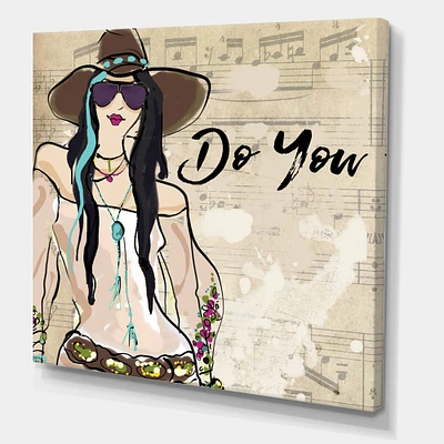 Designart - Hippy Girl On Old Style Music Score