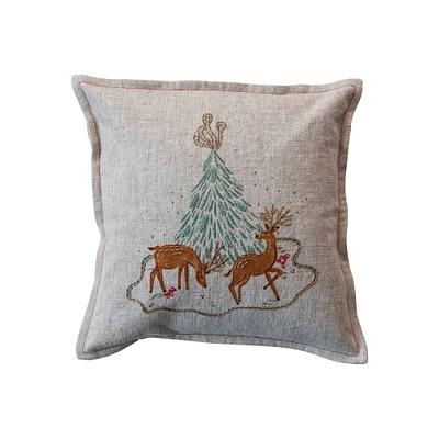 18" Reindeer & Christmas Tree Square Linen Pillow