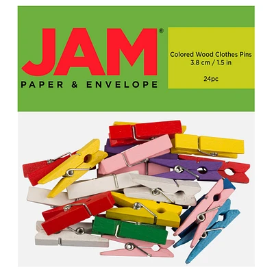 JAM Paper 1.5" Colorful Wood Clip Clothespins, 24ct.
