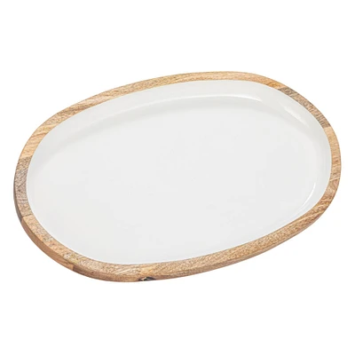 18" White Oval Enameled Mango Wood Tray