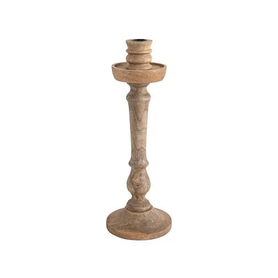 15" Hand-Carved Mango Wood Taper Candle Holder