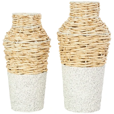 Brown Seagrass Woven Vase with Speckled Black and White Bases Set