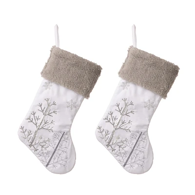 Glitzhome® 21" White Fleece with Christmas Tree & Snowflake Stocking, 2ct.