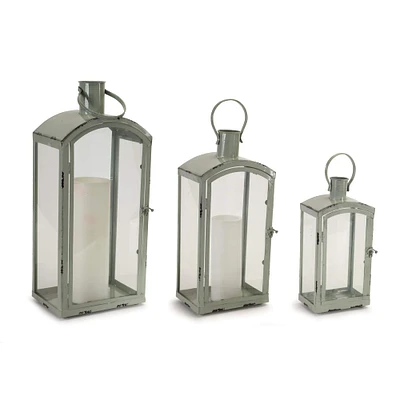 Aqua Metal & Glass Lantern Set, 12.5'', 16.5'', 21''