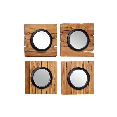 Set of 4 Brown Teak Wood Rustic Floral Wall Mirror, 18" x 18"