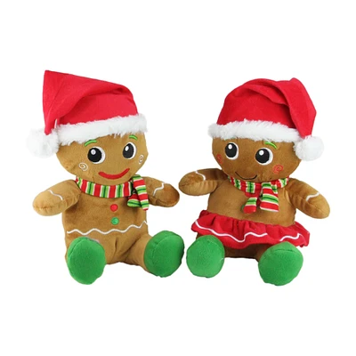 11" Brown & Red Plush Sitting Gingerbread Christmas Figurine Set