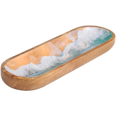 16" Brown Mango Wood Handmade Ocean-Inspired Tray with Enamel Interior