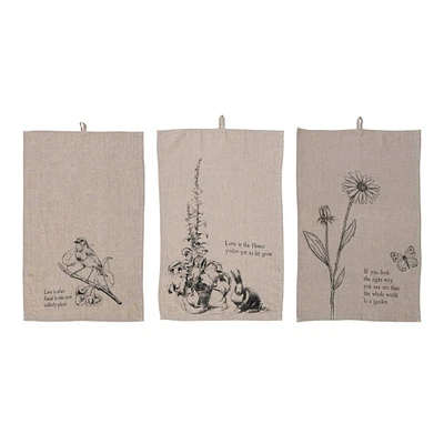 Hello Honey® Nature & Text Prints Linen Blend Decorative Tea Towels with Loops Set