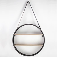 33" Metal & Wood Round Hanging Wall Shelf With Strap