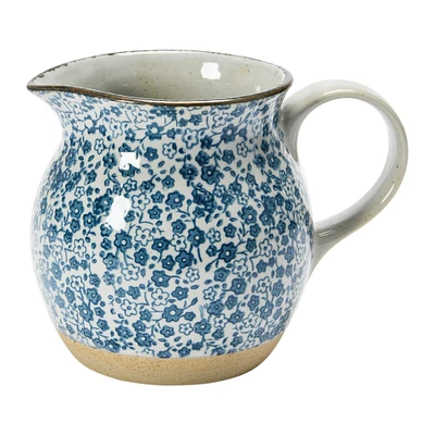 5.2" Blue & White Floral Hand-Painted Country-Style Stoneware Pitcher
