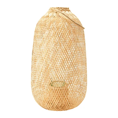 Bloomingville 23.5" Natural Hand-Woven Bamboo Lantern with Jute Handle & Glass Insert