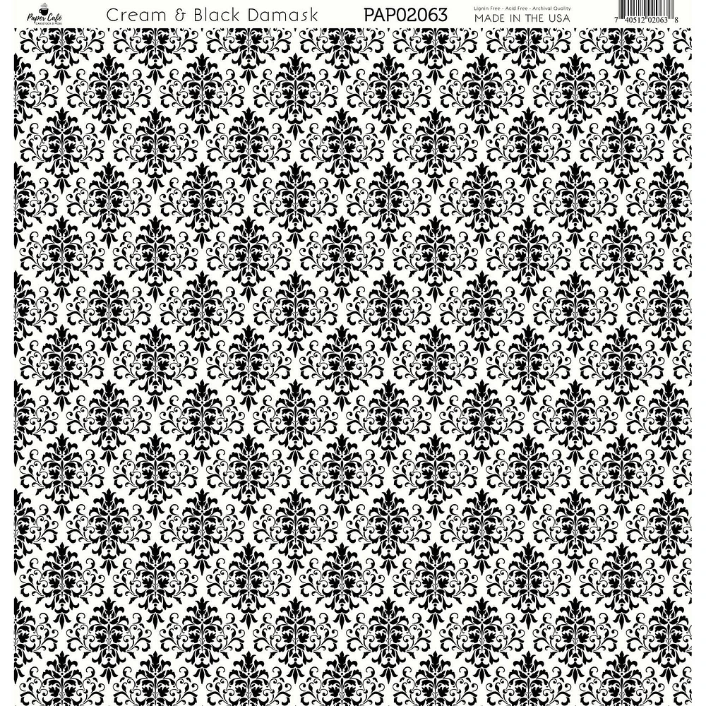 Paper Café Cream & Black Damask 12" x 12" Cardstock, 15 Sheets