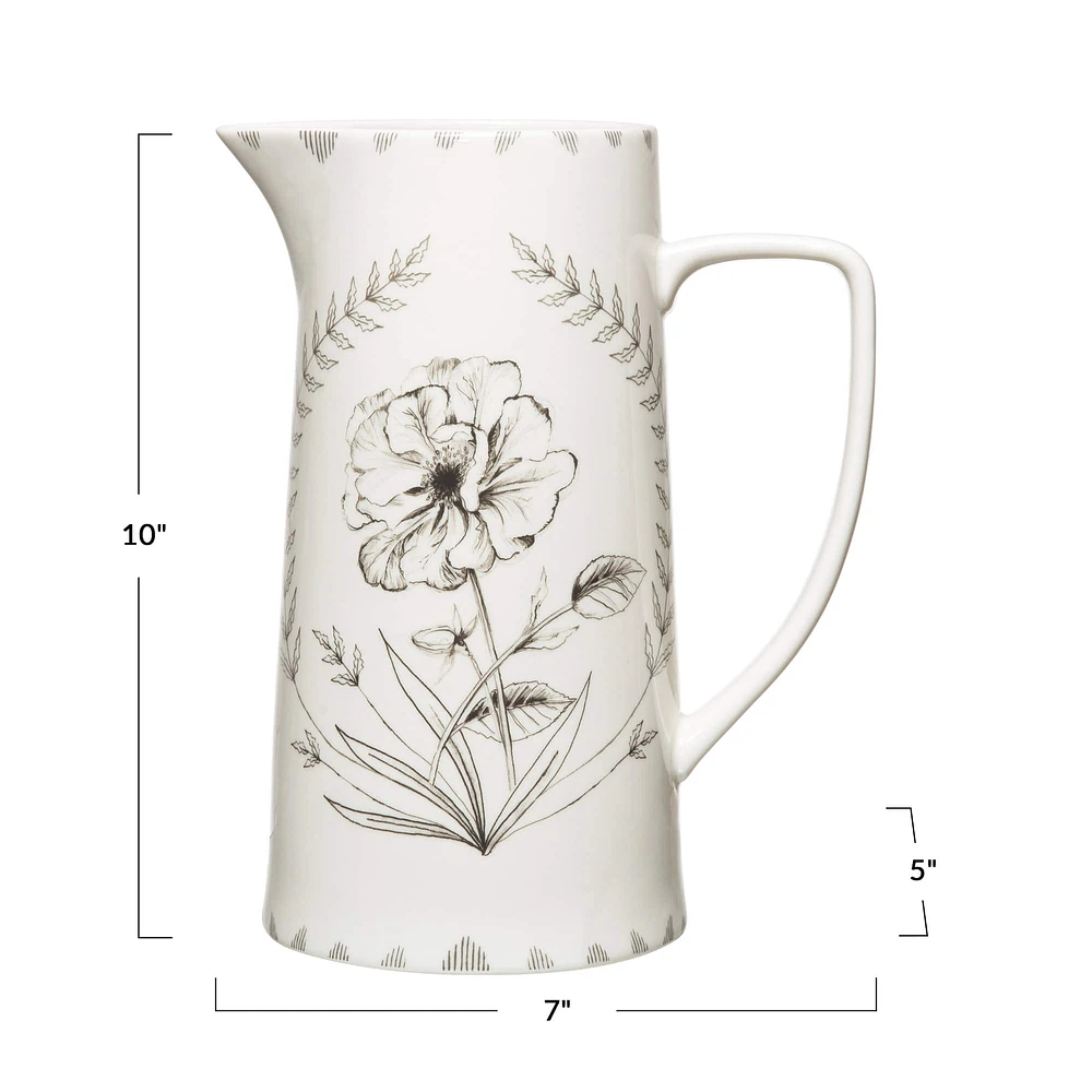 10" White Floral Stoneware Pitcher