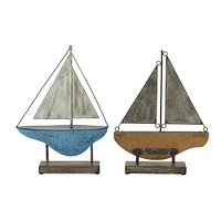 Set of 2 Blue Metal Coastal Sail Boat Sculpture, 17", 16"