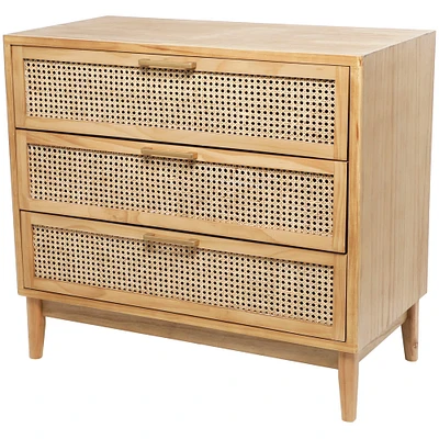 32" Wood 3-Drawer Cabinet with Cane Front Drawers & Gold Handles