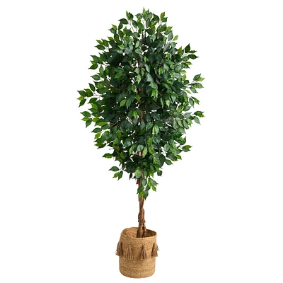 6ft. Ficus Artificial Tree with Natural Trunk in Handmade Natural Jute Planter with Tassels