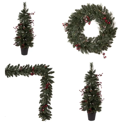 Pre-Lit Artificial Christmas Tree, Wreath & Garland Set, Warm White LED Lights