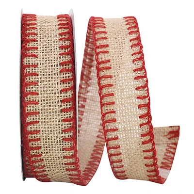 JAM Paper 1.5" Natural & Red Stitched Burlap Wired Ribbon