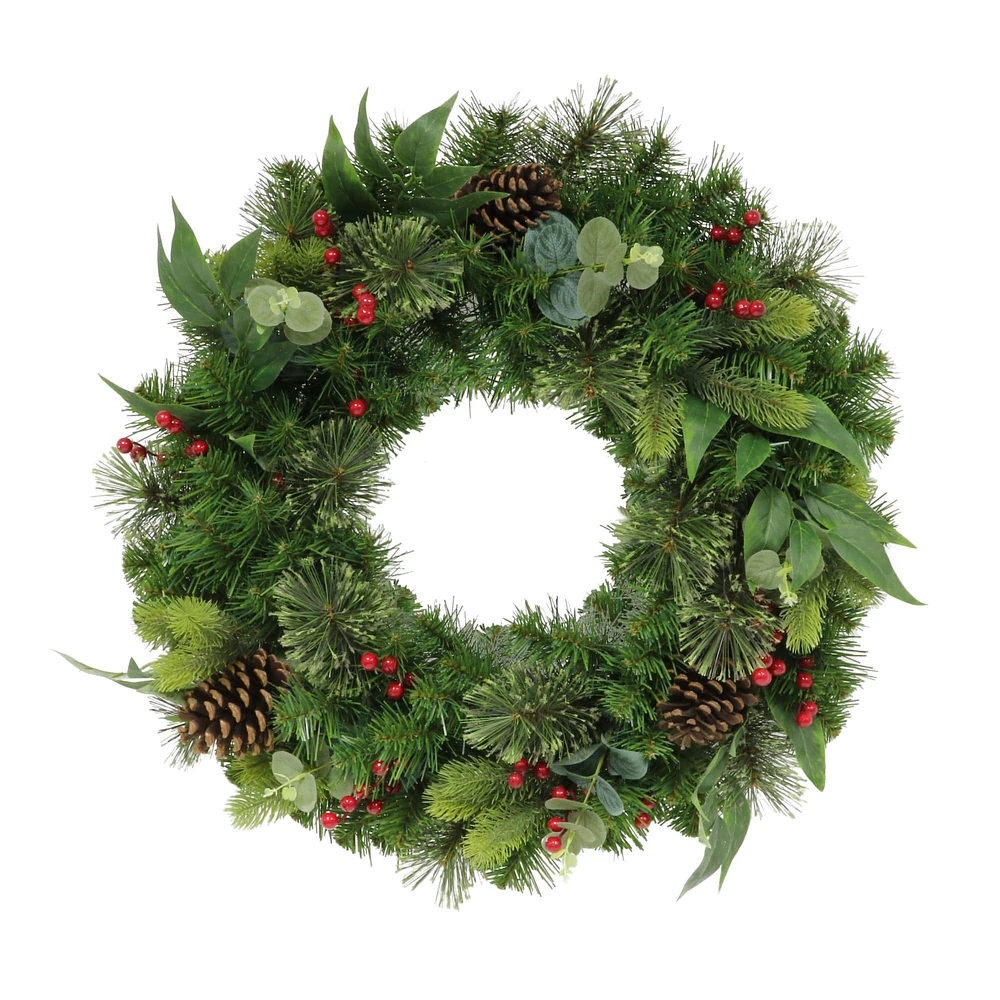 24" Pine, Cones & Red Berries Wreath