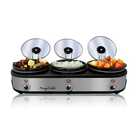 MegaChef Brushed Silver & Black Finish Triple 2.5qt. Slow Cooker & Buffet Server With 3 Ceramic Cooking Pots & Removable Lid Rests