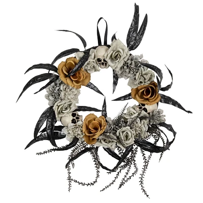 14" Unlit Skulls with Orange & Gray Roses Halloween Wreath