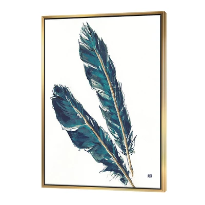 Designart - Gold Indigo Feathers III - Modern Bohemian Canvas in Gold Frame