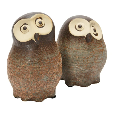 Brown Reactive Glaze Finish Stoneware Owl Figurine Set