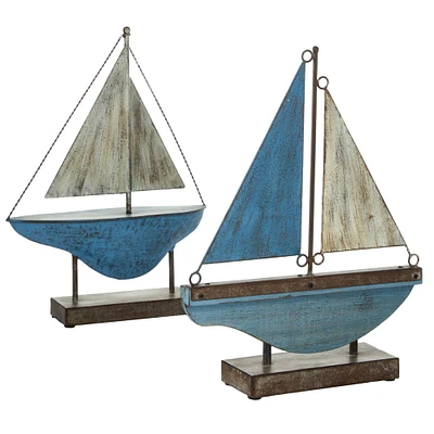 Set of 2 Blue Metal Coastal Sail Boat Sculpture, 17", 16"