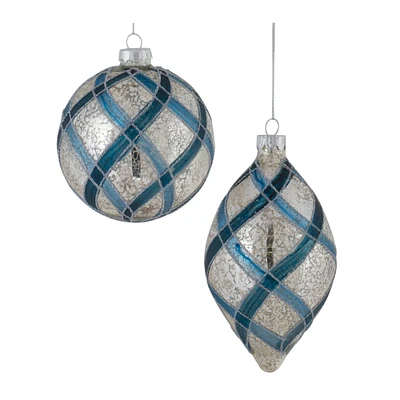 6ct. Silver & Blue Glitter Net Glass Mixed Ornaments