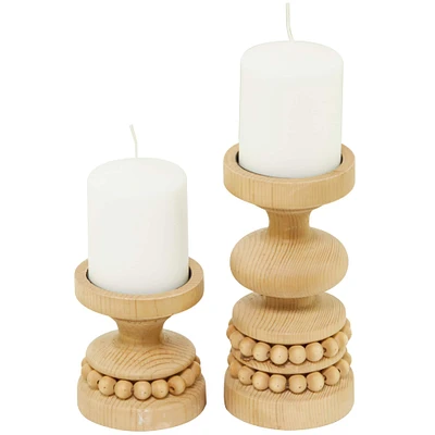 The Novogratz Brown Wood Beaded Pillar Candle Holder Set