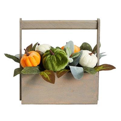 10" Pumpkin Autumn Arrangement In Wood Basket