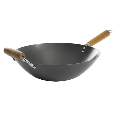 Kenmore® Hammond 14'' Black Flat Bottom Carbon Steel Wok with Wooden Handles