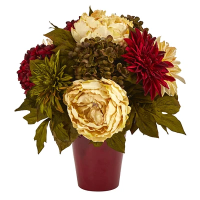 14" Peony, Hydrangea & Dahlia Arrangement in Burgundy Vase