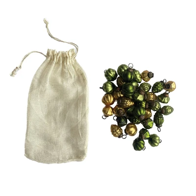 Hello Honey® 1" Green & Gold Embossed Mercury Glass Ornament Set in Muslin Bag