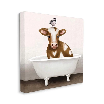 Stupell Industries Cow in Bathtub with Perched Bird Animals Canvas Wall Art