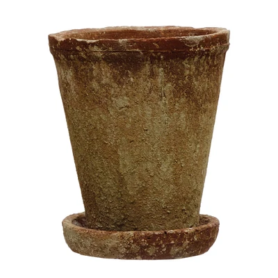 7" Distressed Terra Cotta Cement Planter with Saucer Set