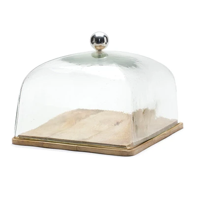 10.5" Square Glass Cloche with Wood Plate