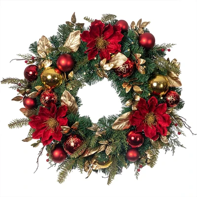 30" LED Golden Leaf Red Magnolia Christmas Wreath