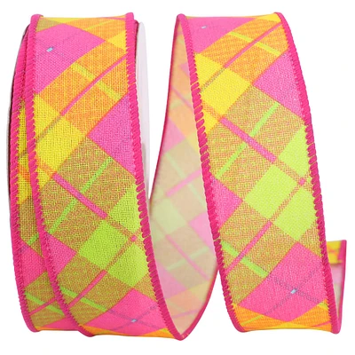 Reliant Wired Citrus Diagonal Plaid Ribbon, 10yd.