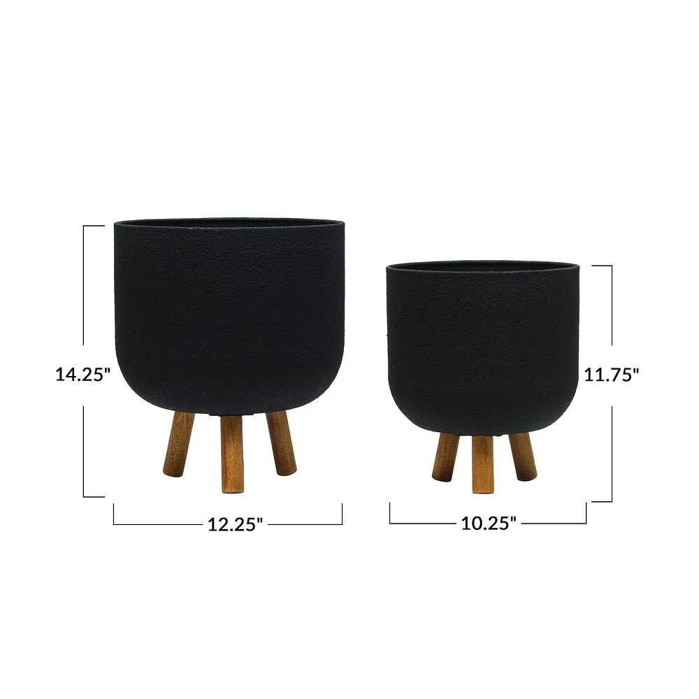 Black Modern Metal Planters with Wood Legs Set