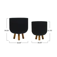 Black Modern Metal Planters with Wood Legs Set