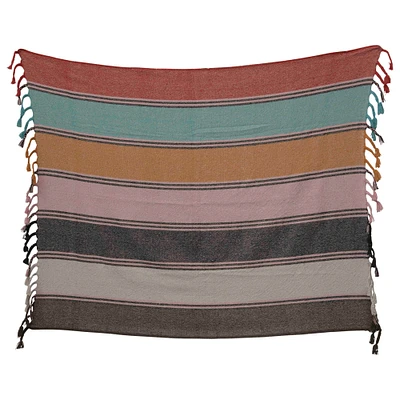 Multicolor Stripe Recycled Cotton Blend Throw Blanket with Braided Fringe