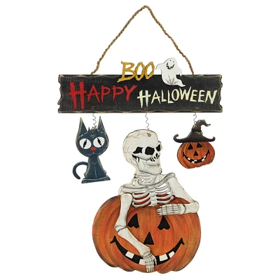 15" Skeleton with Jack-O-Lanterns & Black Cat Happy Halloween Hanging Sign