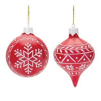 Red & White Etched Snowflake Ornaments Set