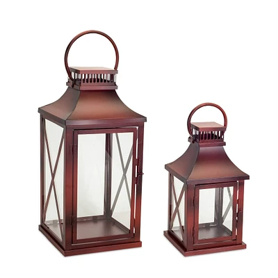 Rustic Red Metal & Glass Lantern Set, 14'' & 20''