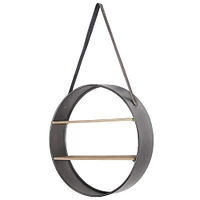 33" Metal & Wood Round Hanging Wall Shelf With Strap