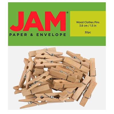 JAM Paper 1.5" Natural Wood Clip Clothespins, 30ct.