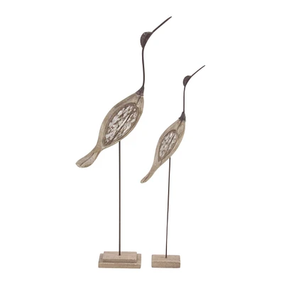 Set of 2 Brown Wood Coastal Bird Sculpture, 28", 34"