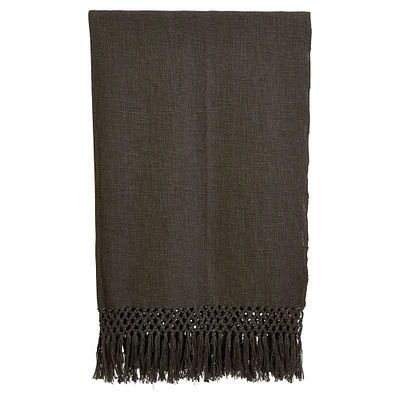 Charcoal Woven Cotton Throw Blanket with Crochet & Fringe